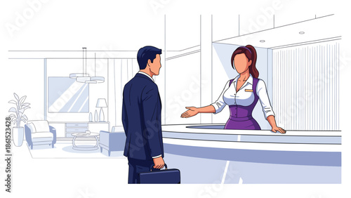 Modern vector illustration of hotel receptionist welcoming guest at front desk in modern lobby, hospitality service industry, travel accommodation, and customer experience concept