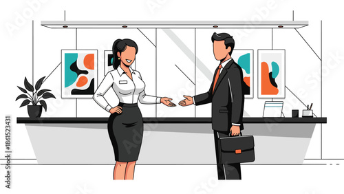 Modern vector illustration of hotel receptionist welcoming guest at front desk in modern lobby, hospitality service industry, travel accommodation, and customer experience concept