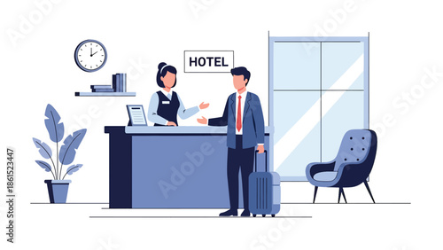 Modern vector illustration of hotel receptionist welcoming guest at front desk in modern lobby, hospitality service industry, travel accommodation, and customer experience concept