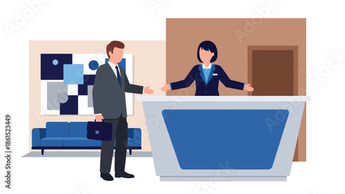 Modern vector illustration of hotel receptionist welcoming guest at front desk in modern lobby, hospitality service industry, travel accommodation, and customer experience concept