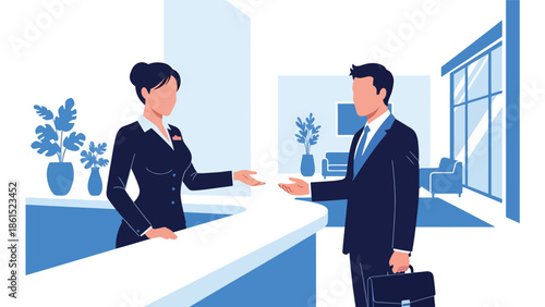 Modern vector illustration of hotel receptionist welcoming guest at front desk in modern lobby, hospitality service industry, travel accommodation, and customer experience concept