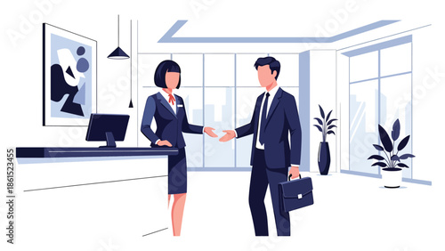 Modern vector illustration of hotel receptionist welcoming guest at front desk in modern lobby, hospitality service industry, travel accommodation, and customer experience concept