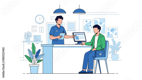 Modern vector illustration of healthcare worker assisting patient at clinic reception area, medical service industry, patient care, and healthcare support concept