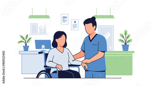 Modern vector illustration of healthcare worker assisting patient at clinic reception area, medical service industry, patient care, and healthcare support concept
