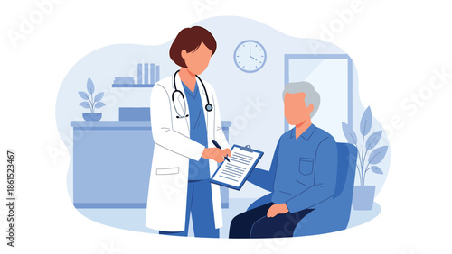 Modern vector illustration of healthcare worker assisting patient at clinic reception area, medical service industry, patient care, and healthcare support concept