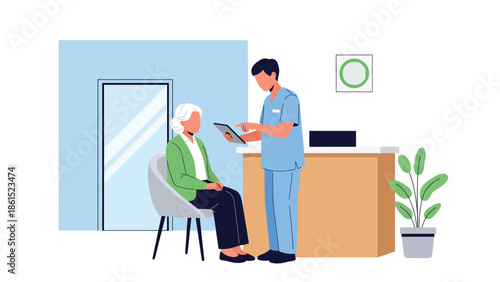 Modern vector illustration of healthcare worker assisting patient at clinic reception area, medical service industry, patient care, and healthcare support concept