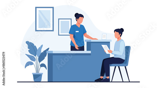 Modern vector illustration of healthcare worker assisting patient at clinic reception area, medical service industry, patient care, and healthcare support concept