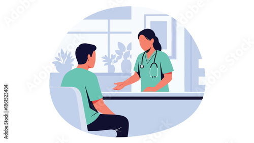 Modern vector illustration of healthcare worker assisting patient at clinic reception area, medical service industry, patient care, and healthcare support concept