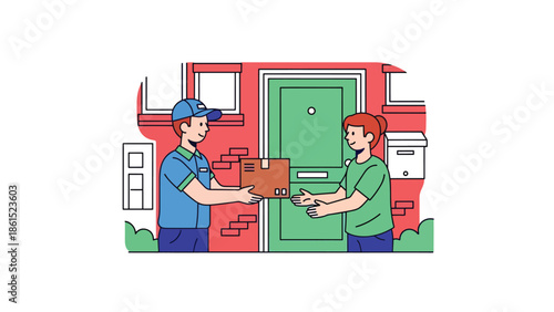 Modern vector illustration of delivery courier handing package to customer at doorstep, logistics service industry, last mile delivery, and e-commerce support concept