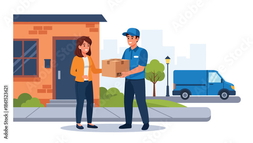 Modern vector illustration of delivery courier handing package to customer at doorstep, logistics service industry, last mile delivery, and e-commerce support concept
