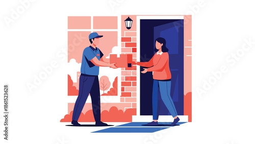 Modern vector illustration of delivery courier handing package to customer at doorstep, logistics service industry, last mile delivery, and e-commerce support concept