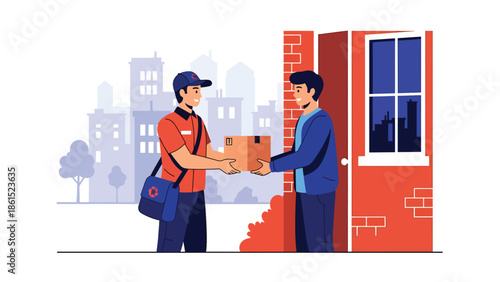 Modern vector illustration of delivery courier handing package to customer at doorstep, logistics service industry, last mile delivery, and e-commerce support concept