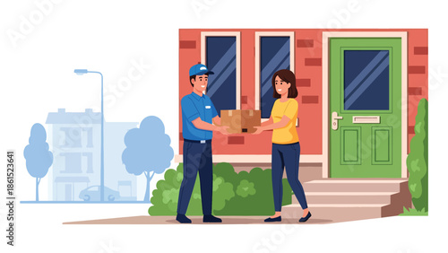 Modern vector illustration of delivery courier handing package to customer at doorstep, logistics service industry, last mile delivery, and e-commerce support concept