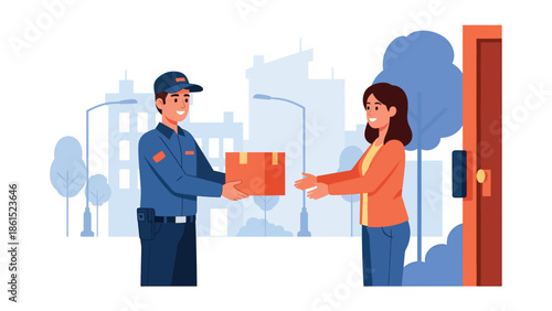 Modern vector illustration of delivery courier handing package to customer at doorstep, logistics service industry, last mile delivery, and e-commerce support concept
