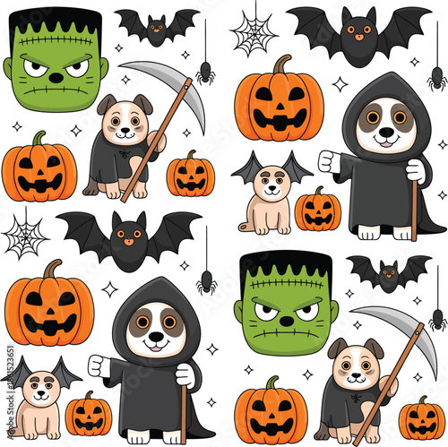 Halloween Dog Cartoons with Frankenstein, Grim Reaper, Pumpkins and Bats