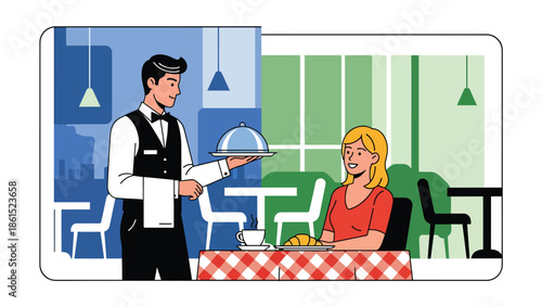 Modern vector illustration of waiter serving food to customer in restaurant interior, food service industry, hospitality, and dining experience concept