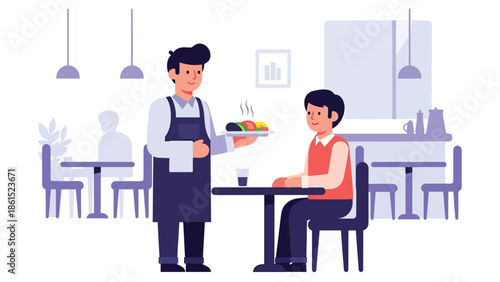 Modern vector illustration of waiter serving food to customer in restaurant interior, food service industry, hospitality, and dining experience concept