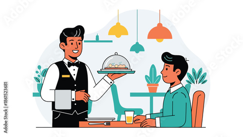 Modern vector illustration of waiter serving food to customer in restaurant interior, food service industry, hospitality, and dining experience concept