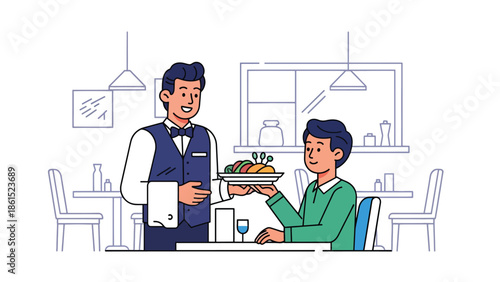 Modern vector illustration of waiter serving food to customer in restaurant interior, food service industry, hospitality, and dining experience concept