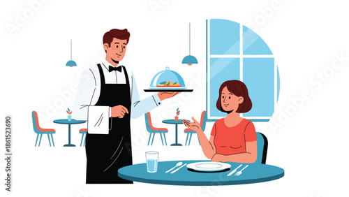 Modern vector illustration of waiter serving food to customer in restaurant interior, food service industry, hospitality, and dining experience concept