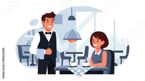 Modern vector illustration of waiter serving food to customer in restaurant interior, food service industry, hospitality, and dining experience concept
