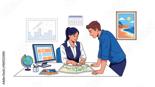 Modern vector illustration of travel agent assisting customer with trip planning at office desk, tourism service industry and travel support concept