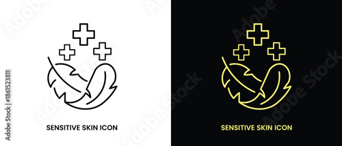 Sensitive Skin Icon Set with Organic Cosmetic Skin Care Elements for Healthy Hydrated Skin, Black Line Flat Vector Labels, Logos, Badges and Symbols