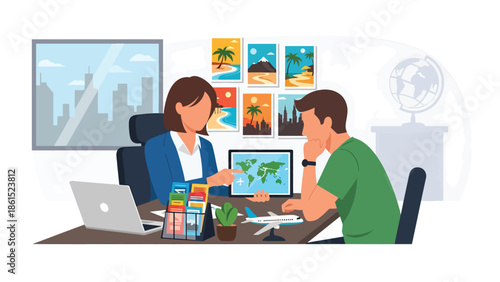 Modern vector illustration of travel agent assisting customer with trip planning at office desk, tourism service industry and travel support concept