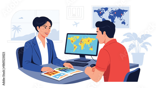 Modern vector illustration of travel agent assisting customer with trip planning at office desk, tourism service industry and travel support concept