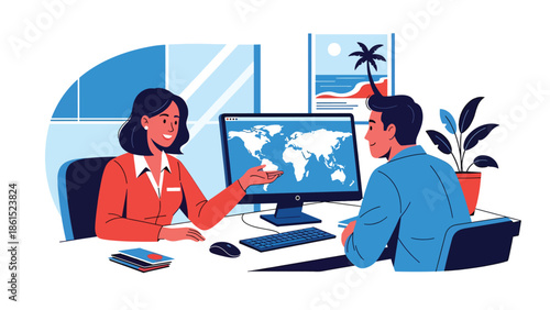 Modern vector illustration of travel agent assisting customer with trip planning at office desk, tourism service industry and travel support concept