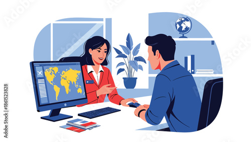 Modern vector illustration of travel agent assisting customer with trip planning at office desk, tourism service industry and travel support concept