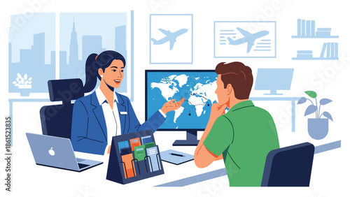 Modern vector illustration of travel agent assisting customer with trip planning at office desk, tourism service industry and travel support concept