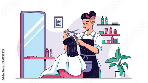 Modern vector illustration of stylist providing haircut in beauty salon, personal care service industry, fashion, and grooming concept.