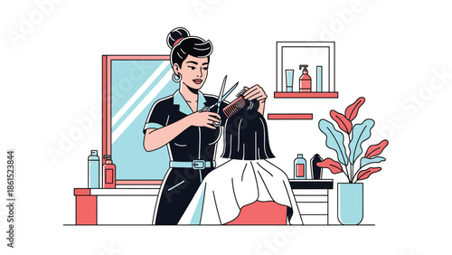 Modern vector illustration of stylist providing haircut in beauty salon, personal care service industry, fashion, and grooming concept.