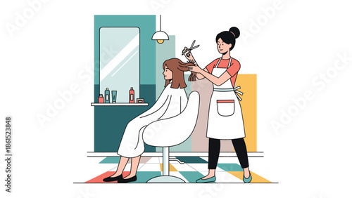 Modern vector illustration of stylist providing haircut in beauty salon, personal care service industry, fashion, and grooming concept.