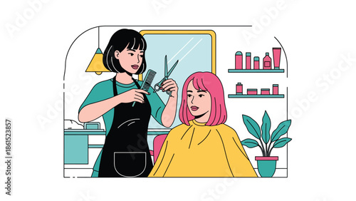 Modern vector illustration of stylist providing haircut in beauty salon, personal care service industry, fashion, and grooming concept.