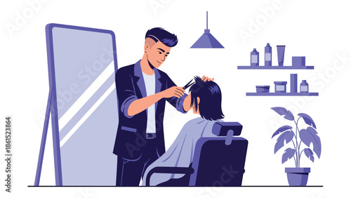 Modern vector illustration of stylist providing haircut in beauty salon, personal care service industry, fashion, and grooming concept.