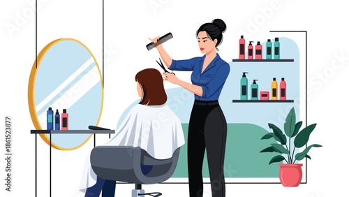 Modern vector illustration of stylist providing haircut in beauty salon, personal care service industry, fashion, and grooming concept.