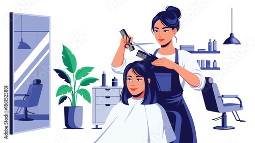 Modern vector illustration of stylist providing haircut in beauty salon, personal care service industry, fashion, and grooming concept.