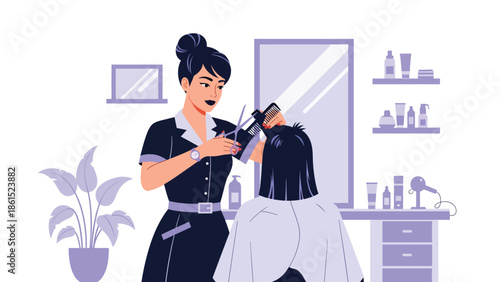 Modern vector illustration of stylist providing haircut in beauty salon, personal care service industry, fashion, and grooming concept.