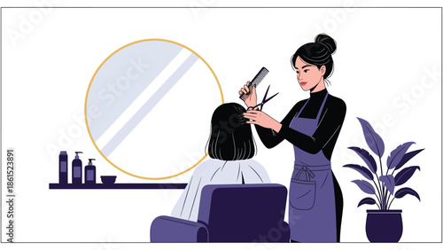 Modern vector illustration of stylist providing haircut in beauty salon, personal care service industry, fashion, and grooming concept.