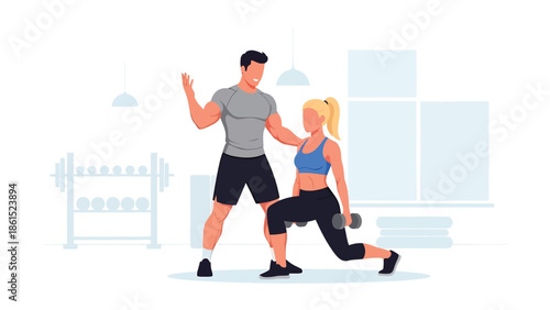 Modern vector illustration of fitness trainer coaching client in gym studio, wellness service industry, personal training, and healthy lifestyle concept
