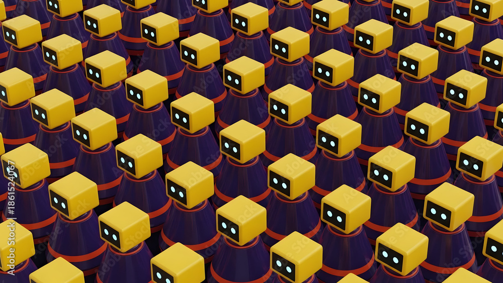 Fototapeta premium Rows of identical yellow robots with blue bases arranged in a grid pattern