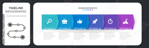 Progress bar featuring 6 arrow-shaped elements, symbolizing the six stages of business strategy and progression. Clean timeline infographic design template. Vector for mobile presentation.