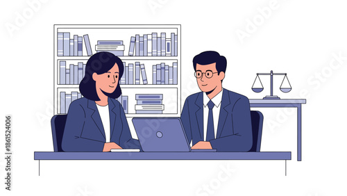 Modern vector illustration of legal advisor consulting client in office, professional legal service industry and business law advisory concept