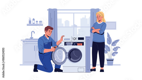Modern vector illustration of repair technician fixing appliance in customer home, maintenance service industry and technical home service concept