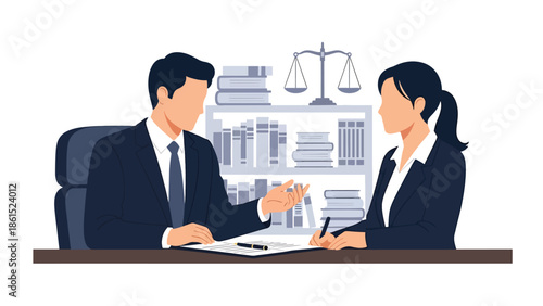 Modern vector illustration of legal advisor consulting client in office, professional legal service industry and business law advisory concept