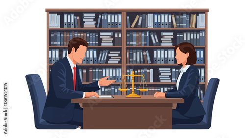 Modern vector illustration of legal advisor consulting client in office, professional legal service industry and business law advisory concept