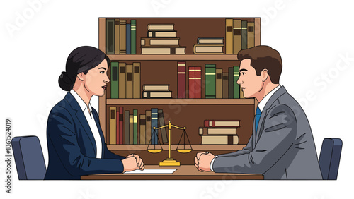 Modern vector illustration of legal advisor consulting client in office, professional legal service industry and business law advisory concept