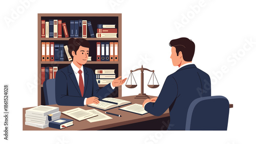Modern vector illustration of legal advisor consulting client in office, professional legal service industry and business law advisory concept